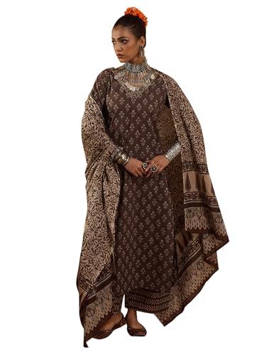 indo era women's brown pure cotton printed straight kurta & palazzo with dupatta set (kh0br7914_medium)