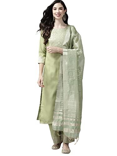 indo era women's cotton blend solid straight kurta palazzo with dupatta set (green_kd4gn4028_large)