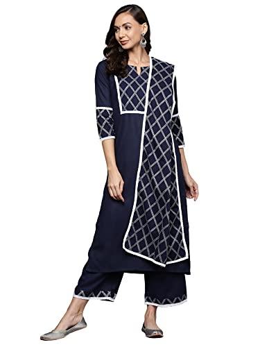 indo era women's cotton blend solid straight kurta trousers with dupatta set (navy blue_r2r2r1995s_small)