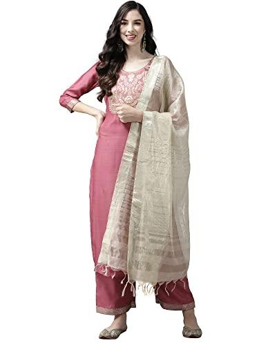 indo era women's cotton blend yoke design straight kurta palazzo with dupatta set(pink_kd4pk4040_small)