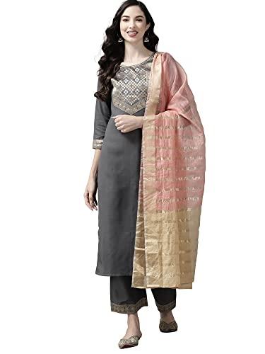 indo era women's cotton blend yoke design straight kurta with pant & dupatta set (grey_kd4gy4020_x-small)