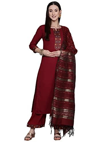 indo era women's cotton blend yoke design straight kurta with pant & dupatta set (kd4mr4827_s)