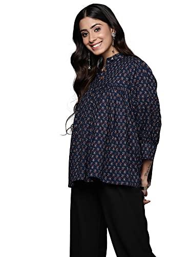 indo era women's cotton printed a-line casual tunic top (tp0nb5002l_navy blue_l-size)