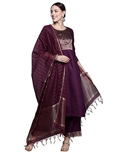 indo era women's cotton solid straight kurta palazzo with dupatta set (wine_23ere4012_large)