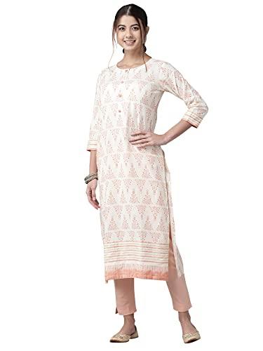 indo era women's floral printed cotton calf length straight kurta (cream_kt0ow2452_large)