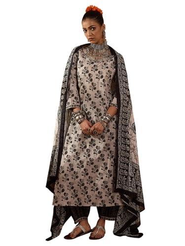 indo era women's grey pure cotton printed straight kurta & pant with dupatta set (kh0gy7911_xx-large)