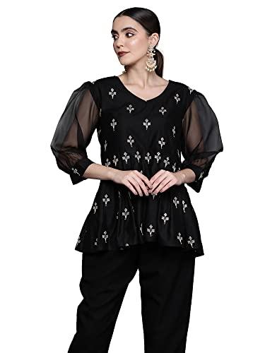 indo era women's liva embroidered a-line peplum top (tp1bk5036s_black and white_s-size)