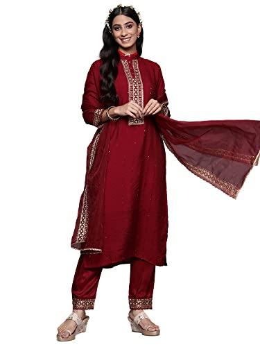 indo era women's maroon solid kurta pants with dupatta (kh9mr8777l)