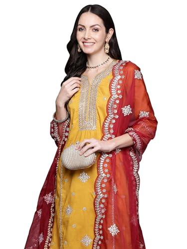 indo era women's mustard embroidered poly silk kurta trouser with dupatta set (kh9mt7250_large)