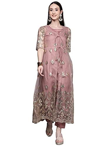 indo era women's net embroidered kurta bottom with shrug (ready to wear_ks9mu4800xl_mauve pink_xl-size)