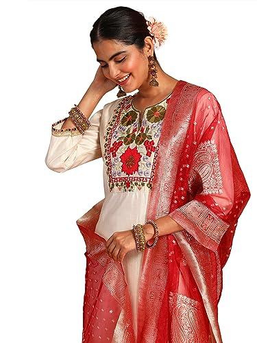 indo era women's off white embroidered viscose straight kurta palazzo with dupatta set (ieout4711_small)