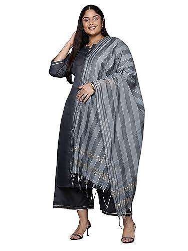 indo era women's plus size self design cotton blend kurta palazzo with dupatta set (grey_ps4kd1004_3xl)
