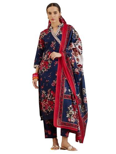 indo era women's printed pure cotton calf length straight kurta & pant with dupatta set (kh0bl6172_large)