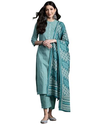 indo era women's printed pure cotton straight kurta & pant with dupatta set (kh0bl7916_small)