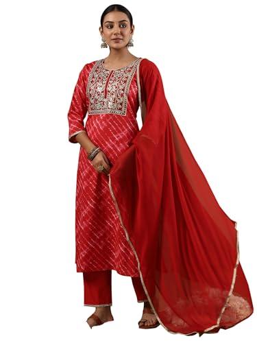 indo era women's red cotton blend embroidered kurta & palazzo with dupatta set (shdpu4907_medium)