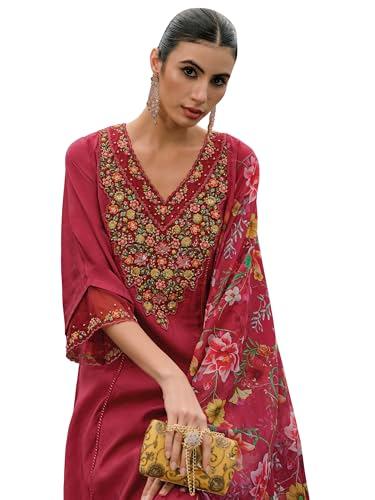 indo era women's red embroidered silk blend a-line kurta trouser with dupatta set (ieout7377_x-large)