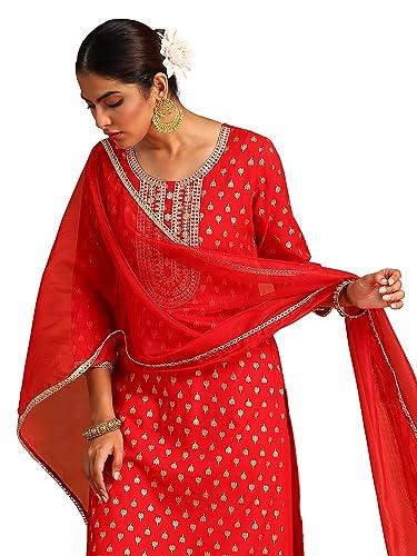 indo era women's red embroidered straight kurta palazzo with dupatta set (ieout9434_x-small)