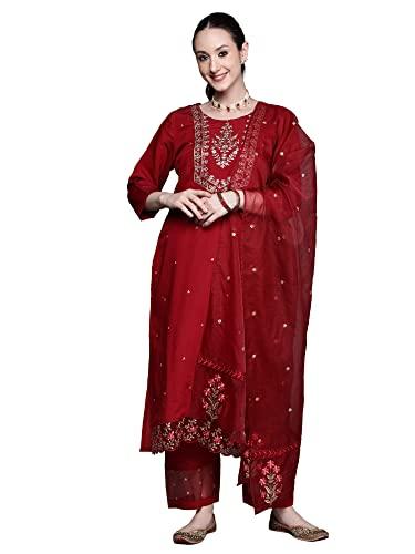 indo era women's silk maroon embroidered ethnic straight kurta trouser with dupatta set (maroon_kh9mr7113_large)