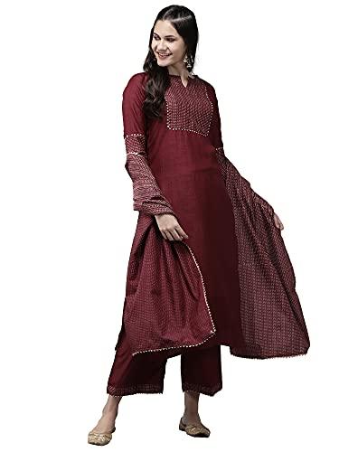 indo era women's solid cotton blend straight kurta & pant with dupatta set (wine_kh9wn2603_xx-large)