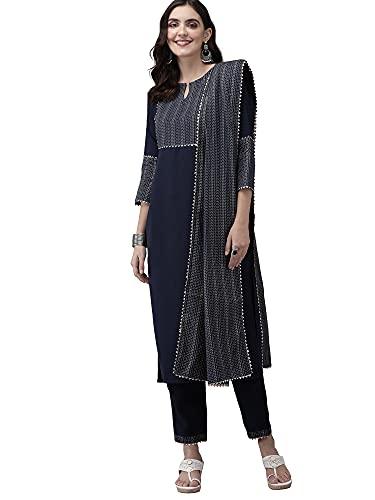 indo era women's solid cotton blend straight kurta with pant & dupatta set (navy blue_rrrrr1996_xx-large)