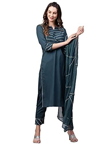 indo era women's solid pure cotton straight kurta palazzo with dupatta set(teal_kh0tl2402_medium)