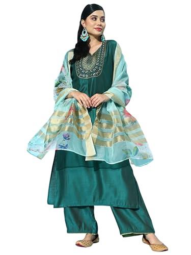 indo era women's teal viscose embroidered straight kurta & palazzo with dupatta set (bogss3720_x-small)