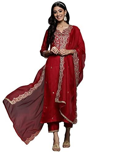 indo era women's viscose embroidered straight kurta with palazzo dupatta set (kh9rd4697_red_medium)