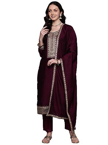 indo era women's wine embroidered georgette straight kurta & pant with dupatta set (kh9wn7209_xx-large)