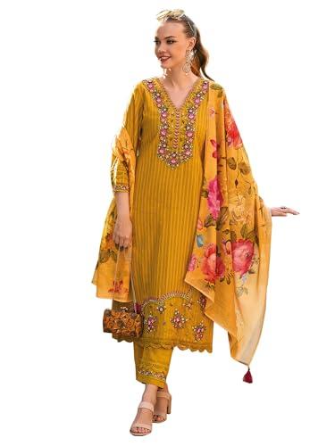 indo era women's yellow embroidered straight kurta & pant with dupatta set (kh0yl6227_small)