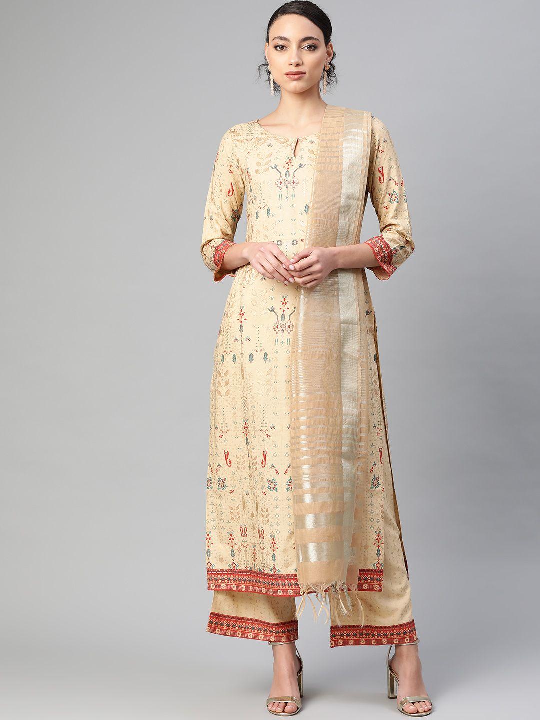 indo era women beige & blue foil print kurta with palazzos & dupatta