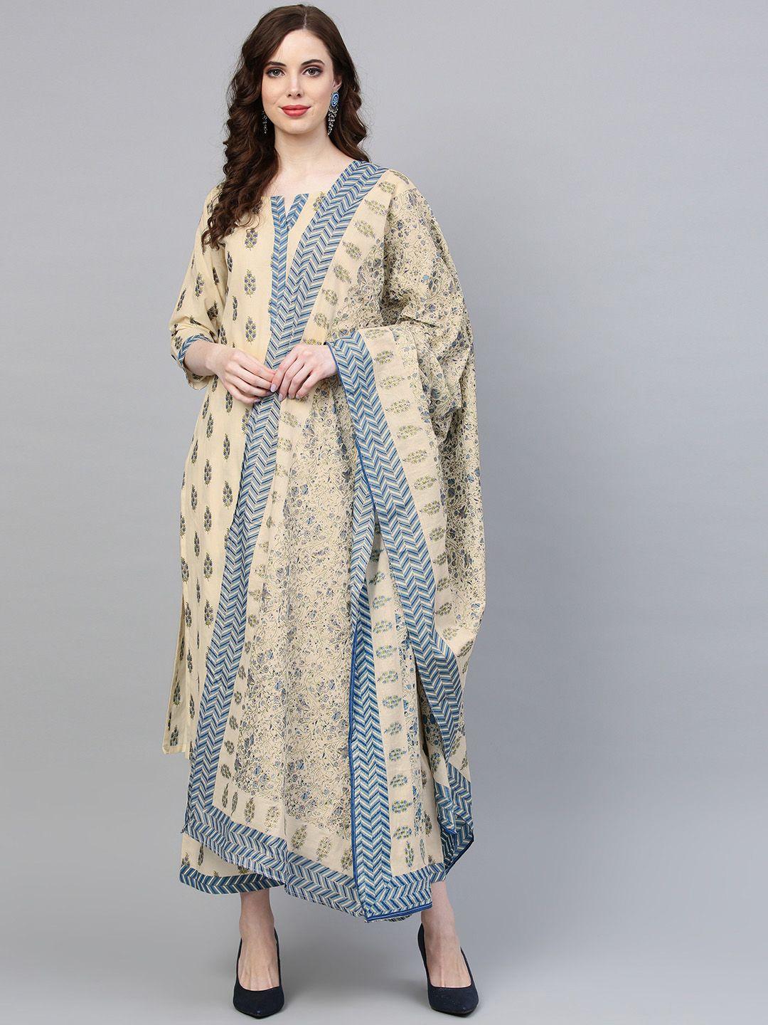 indo era women beige & blue printed kurta with palazzos & dupatta