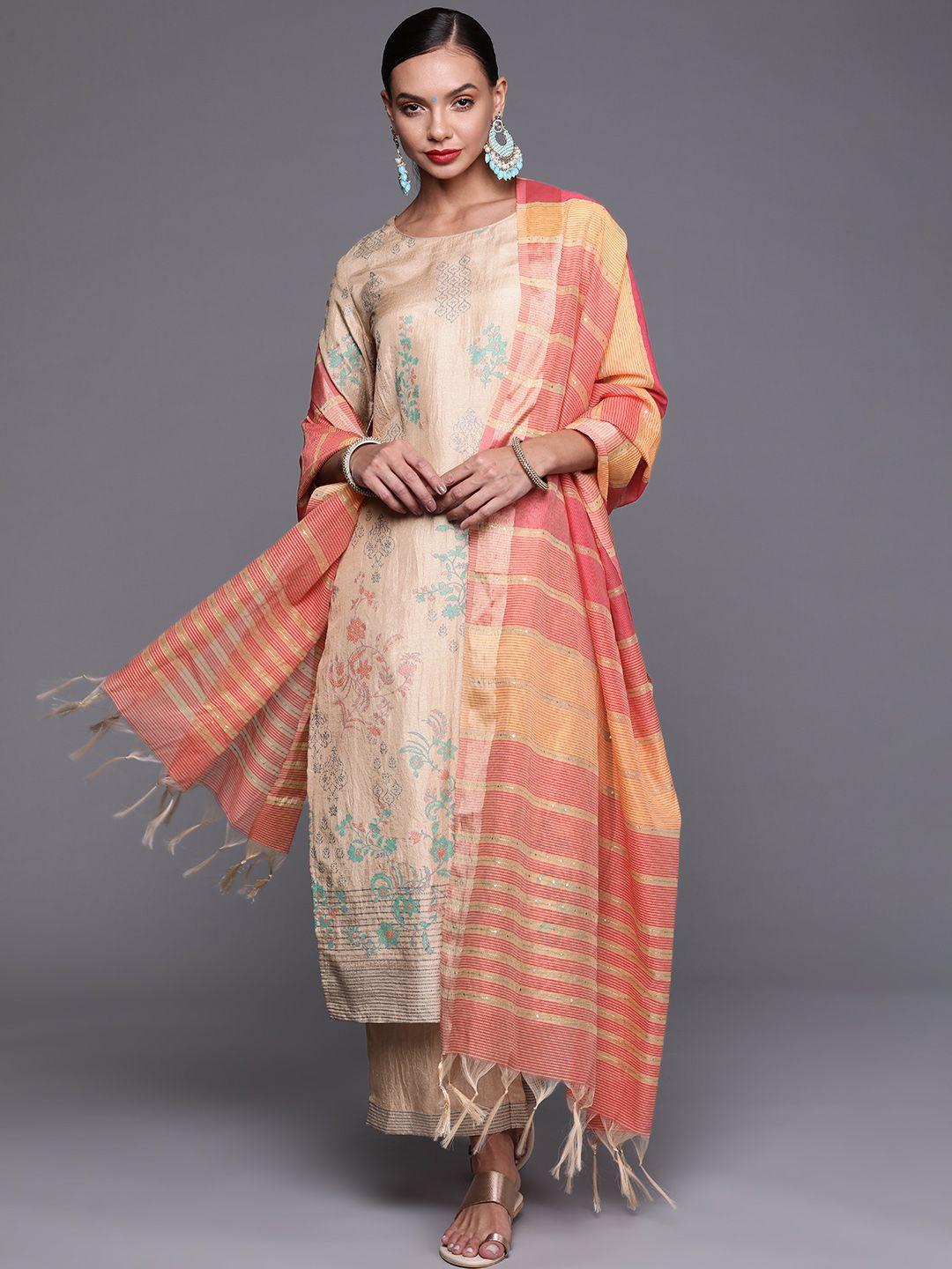 indo era women beige & green ethnic motifs printed kurta with palazzos & with dupatta