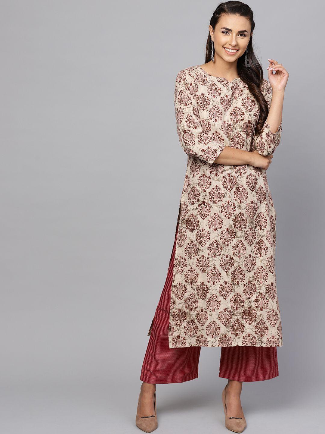 indo era women beige & maroon printed straight kurta