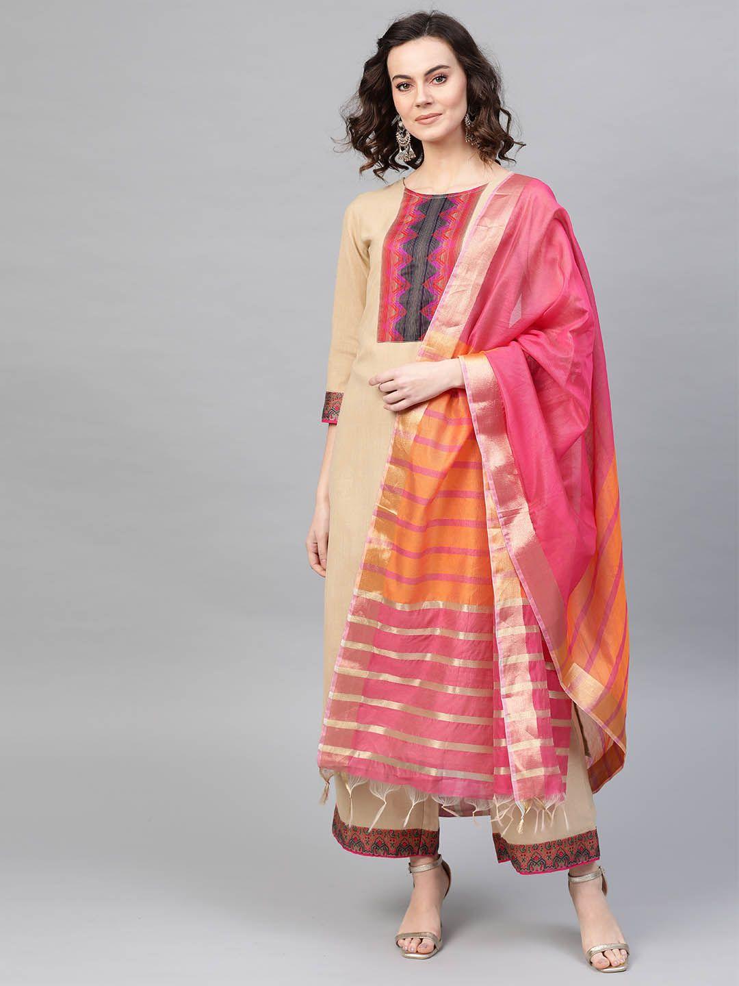 indo era women beige & pink yoke design kurta with palazzos & dupatta