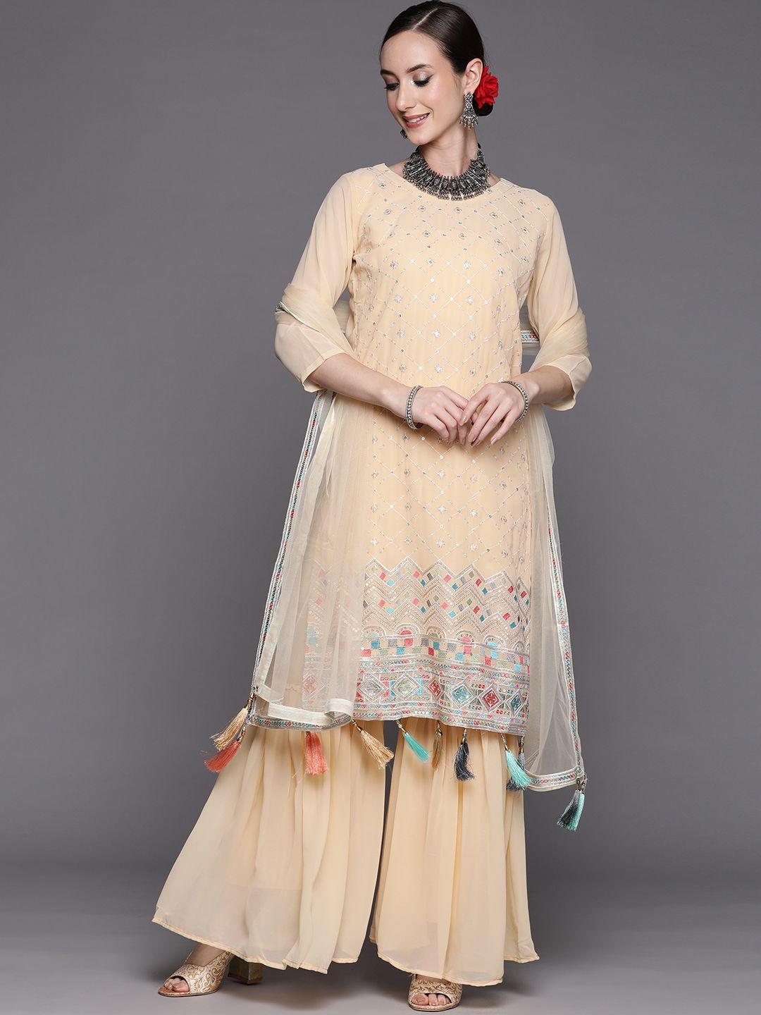 indo era women beige embroidered sequinned kurta with sharara & with dupatta