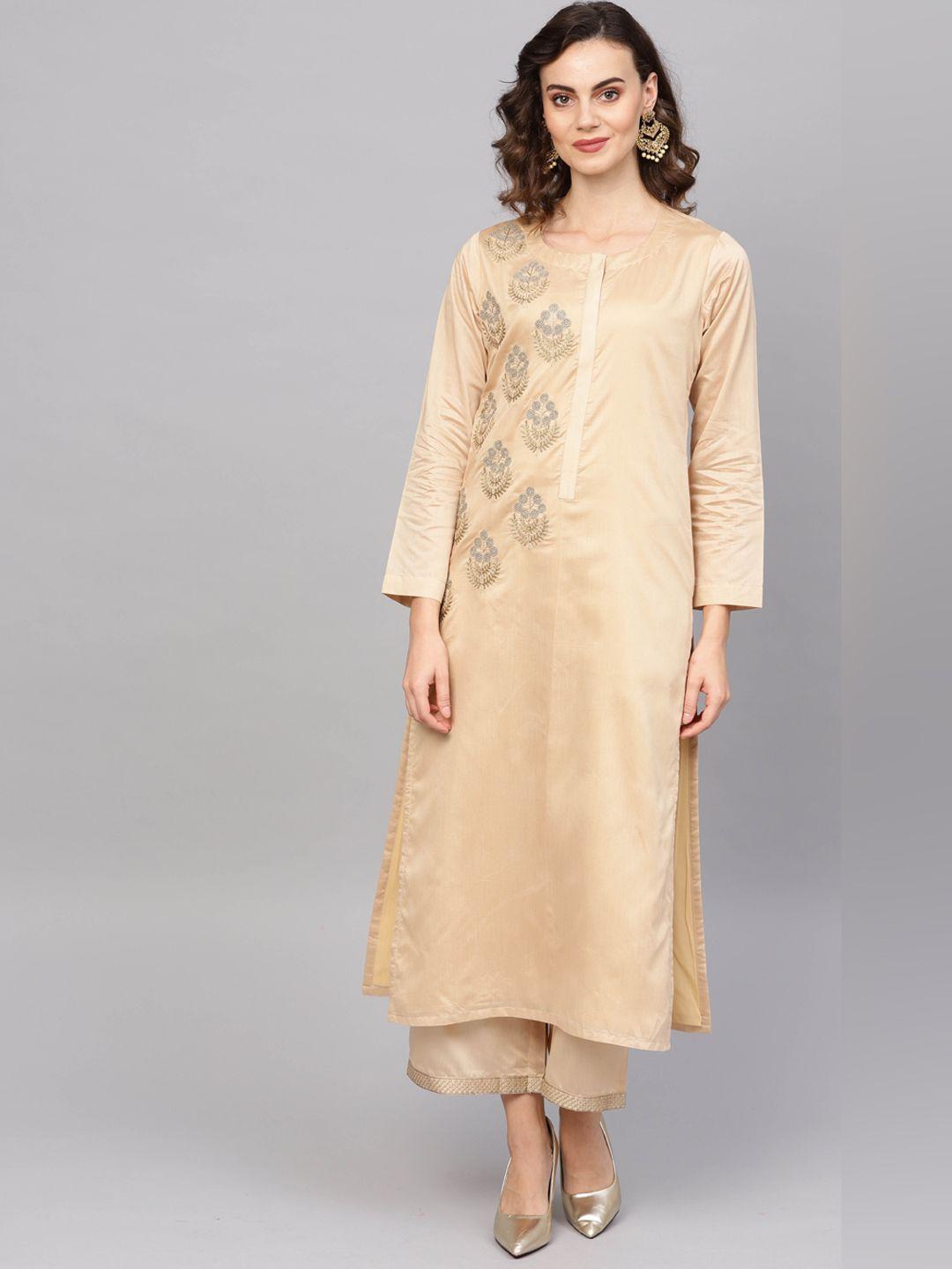 indo era women beige ethnic motifs embroidered thread work kurta with palazzos