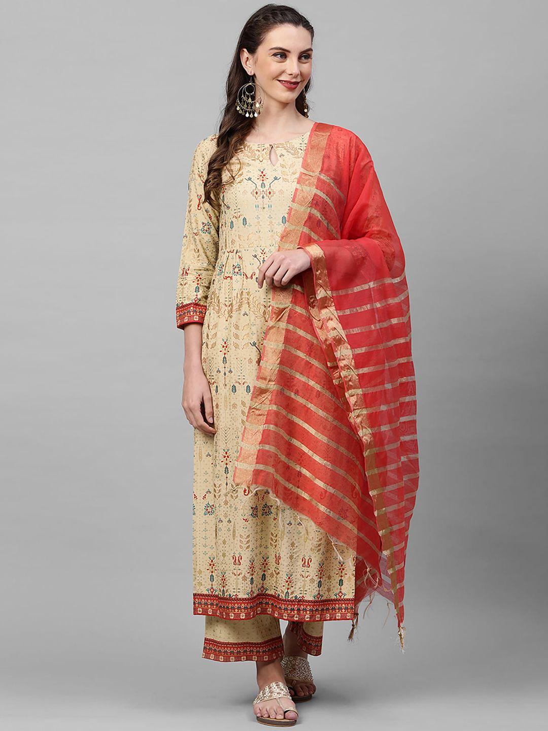 indo era women beige ethnic motifs printed kurta with palazzos & with dupatta