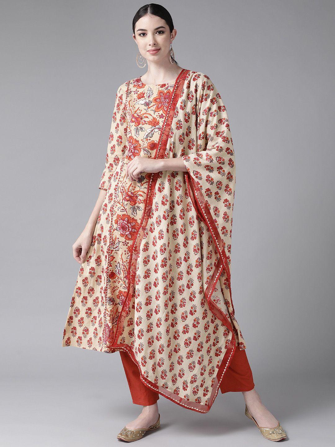 indo era women beige floral printed kurta with trousers & with dupatta