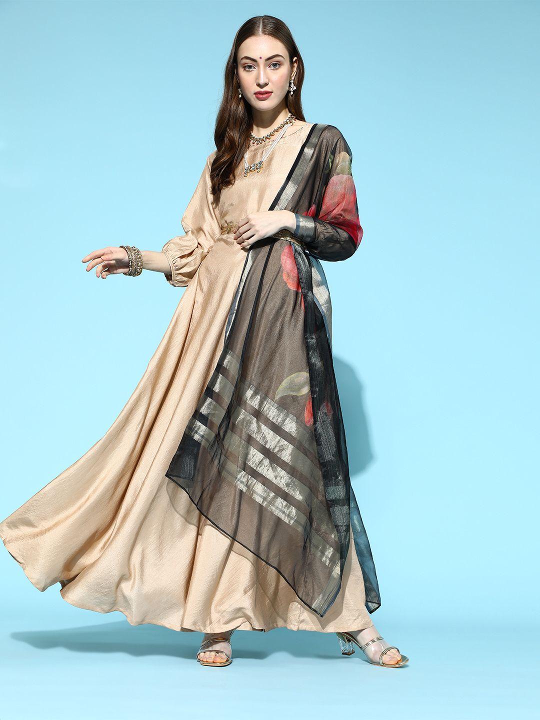 indo era women beige mirror work belted detail anarkali kurta with dupatta and belt set