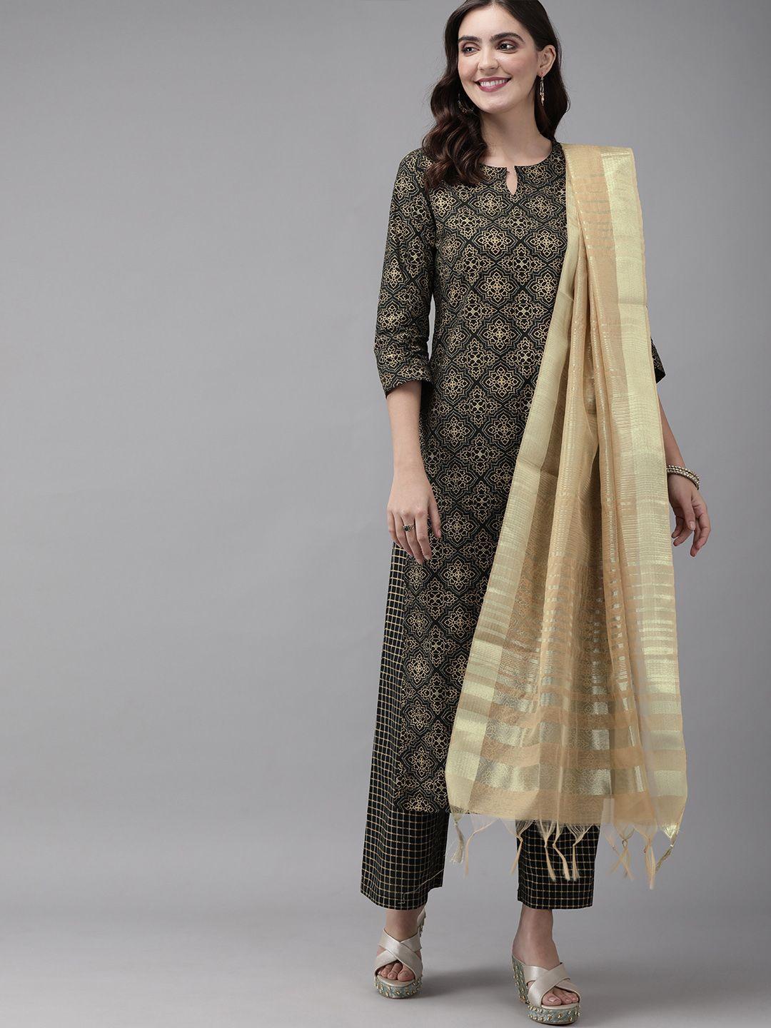 indo era women black & gold-coloured printed kurta with palazzos & dupatta