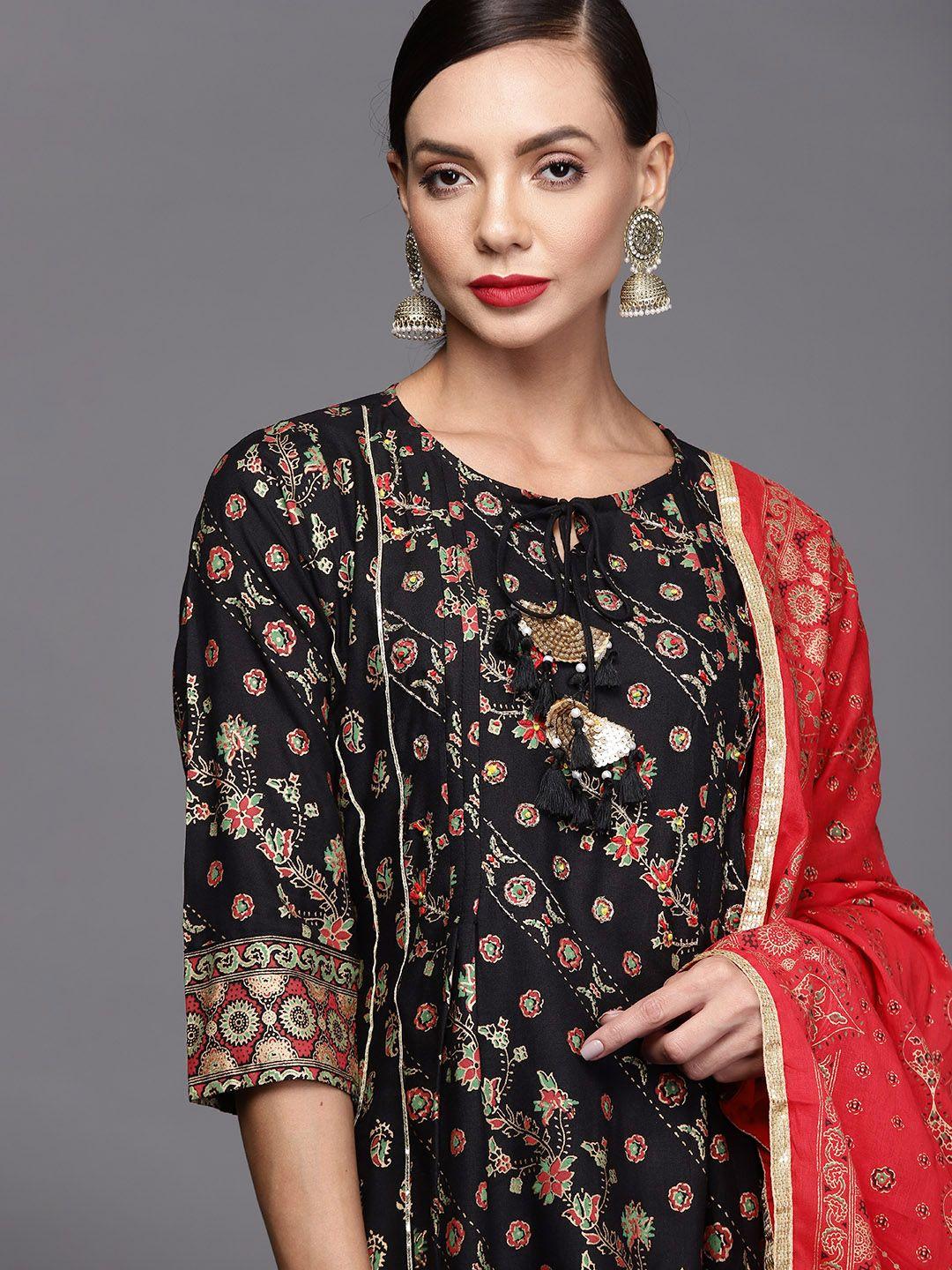 indo era women black & golden ethnic motifs printed panelled kurta with trousers & dupatta