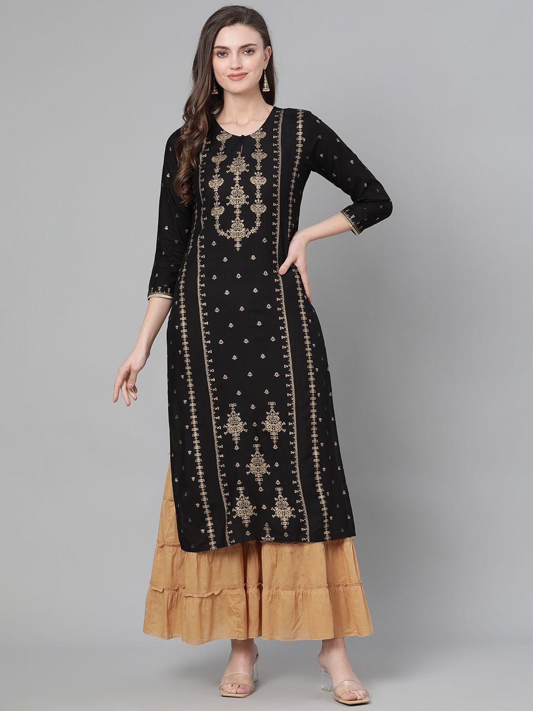 indo era women black & golden foil printed straight liva kurta