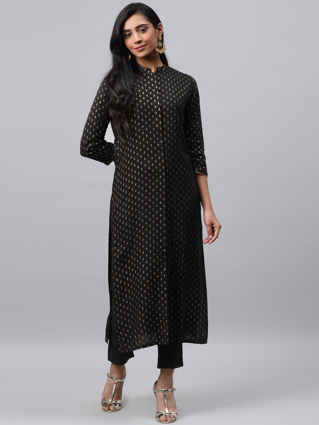 indo era women black & golden khadi foil print straight kurta