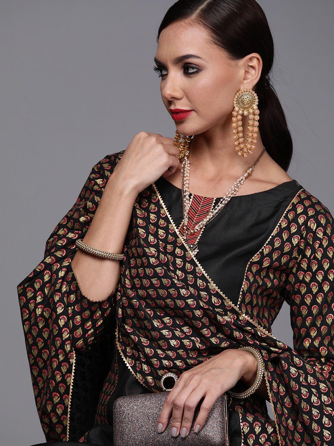 indo era women black & golden printed panelled kurta with trousers & with dupatta