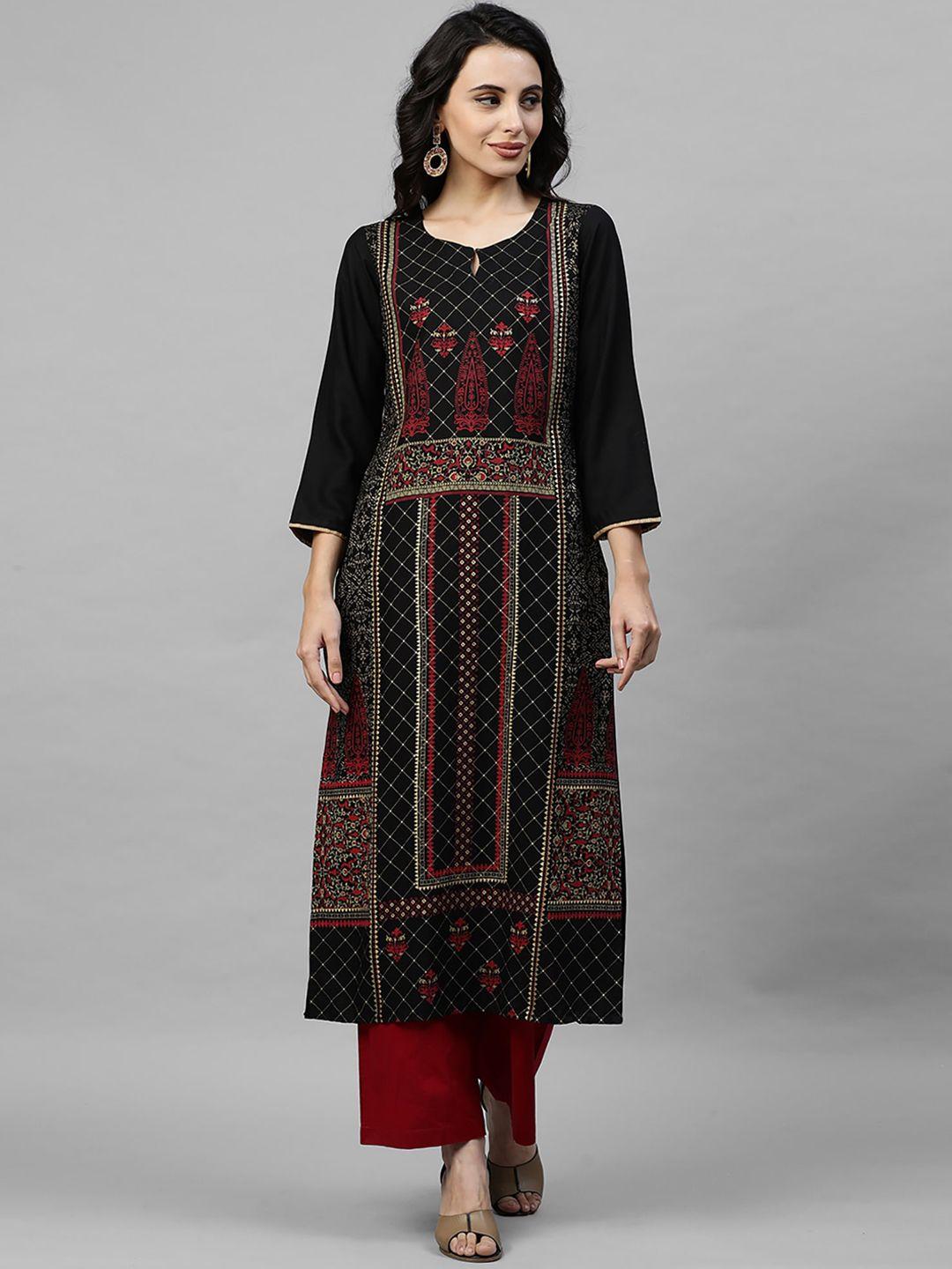 indo era women black & maroon floral print a-line kurta