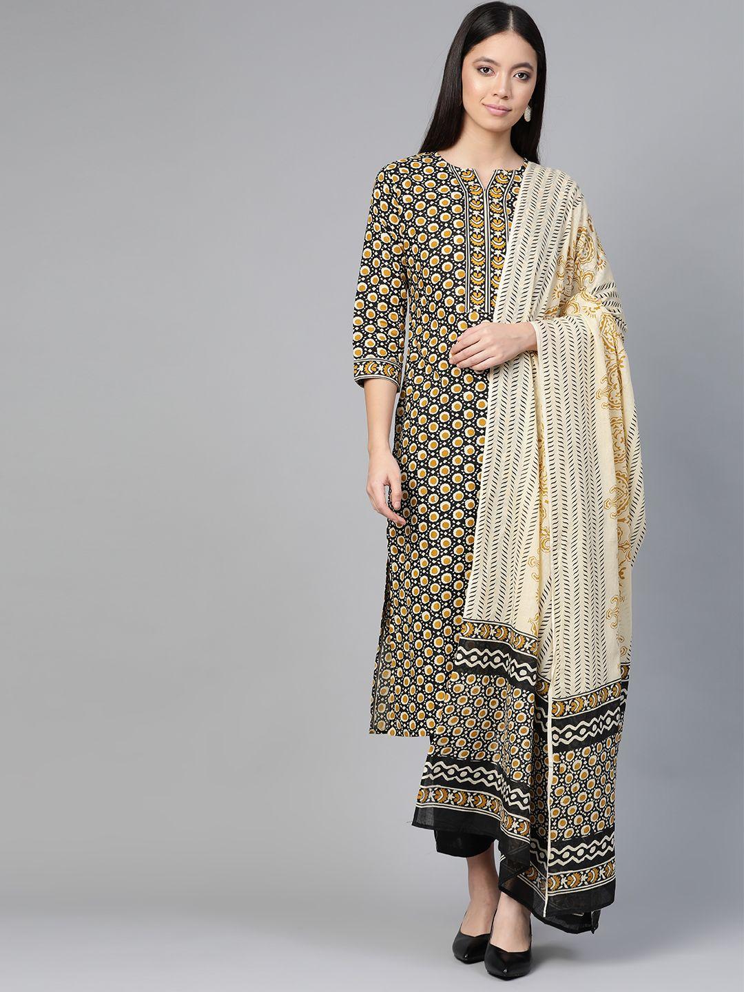 indo era women black & mustard yellow printed kurta with trousers & dupatta