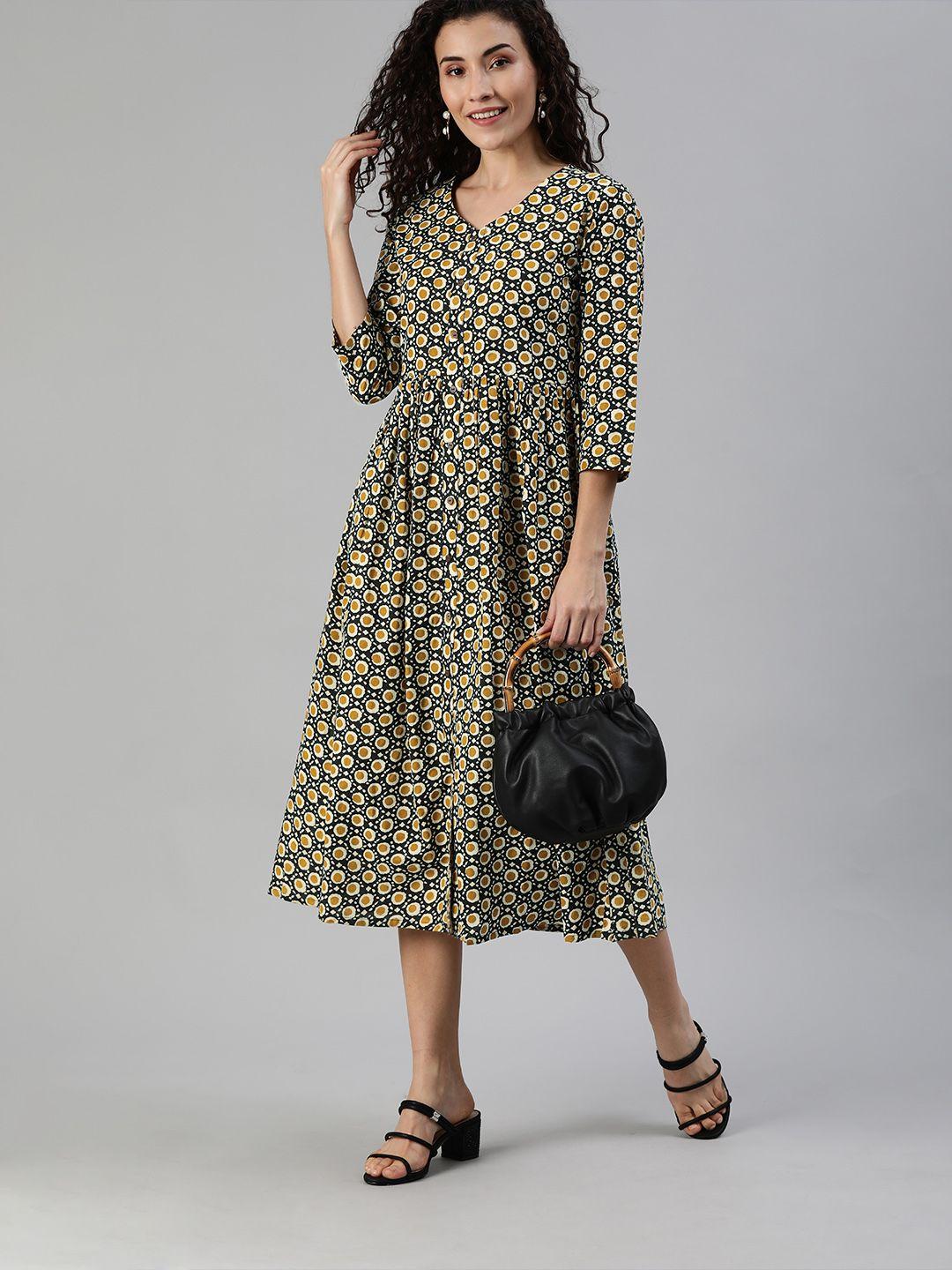 indo era women black & mustrad yellow printed fit and flare dress with gathers