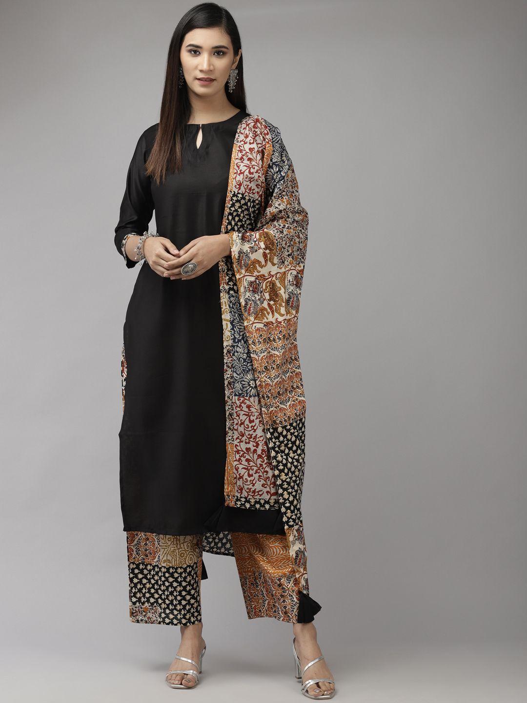 indo era women black & orange ethnic motifs kurta with palazzos & with dupatta