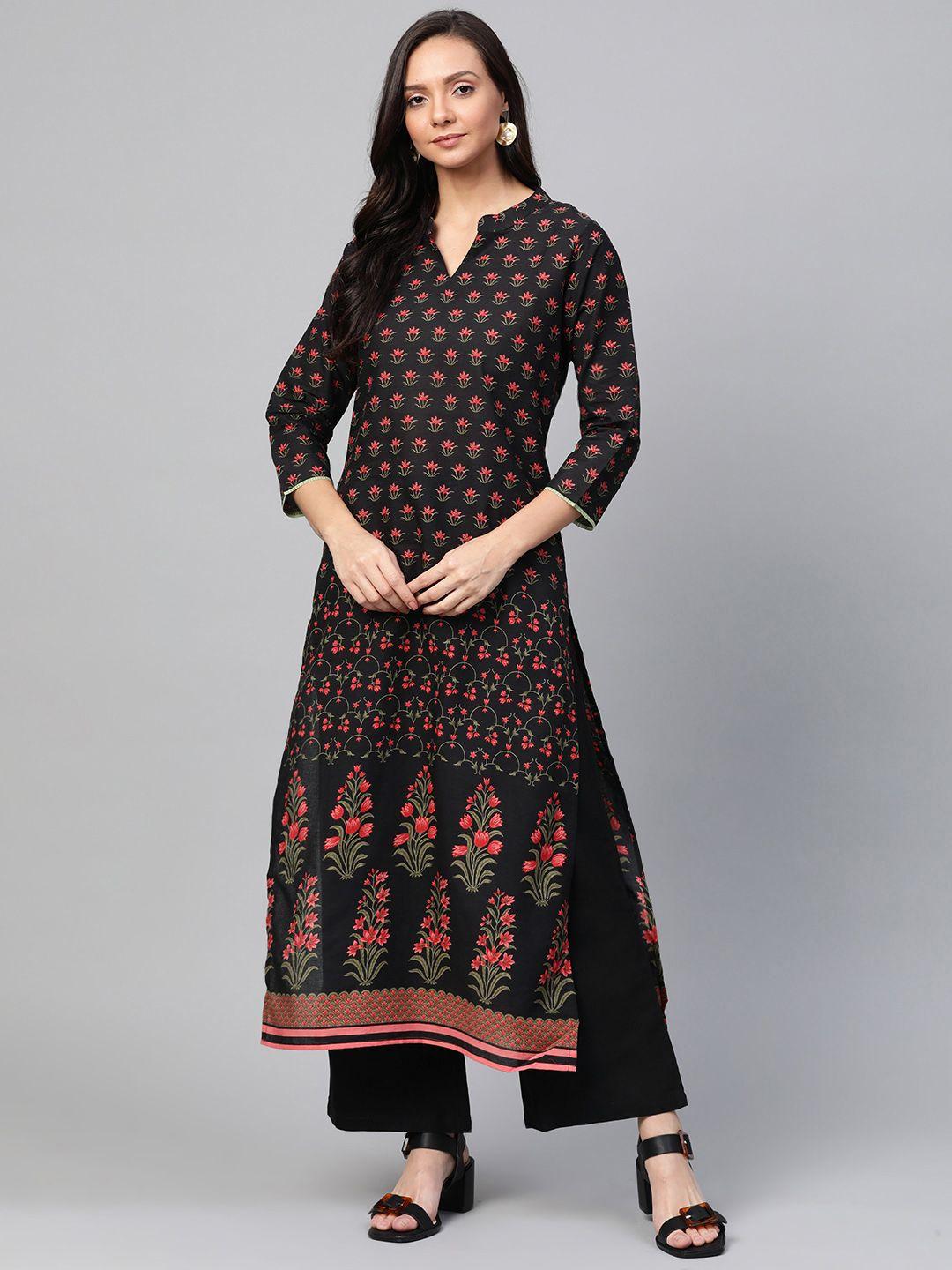 indo era women black & pink printed straight kurta