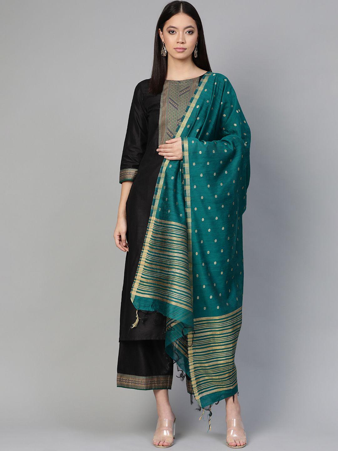 indo era women black & teal blue yoke design kurta with palazzos & dupatta